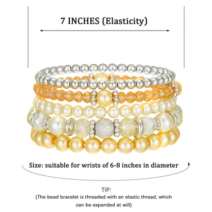 Noessla Beaded Pearl Stretch Bracelet Silver Stackable Crystal Beads Bracelets Trendy Costume Jewelry Mothers Day Gifts for Women(Yellow)