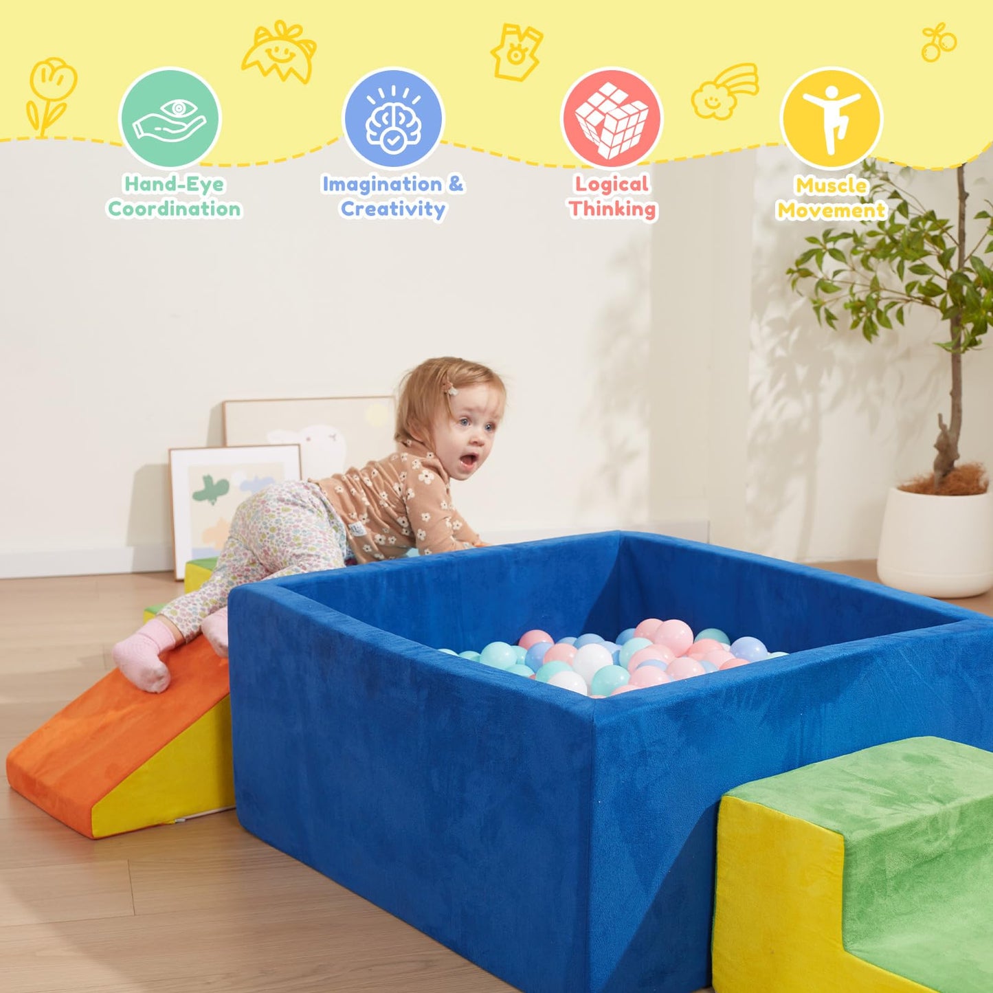 HAHASOLE Foam Climbing Toys for Toddlers with Large Ball Pit, Foam Climbing Blocks, Soft Play Climb and Crawl Activity Playset, Toddler Play Crawling Climbing Sliding Indoor(Excluding Balls)