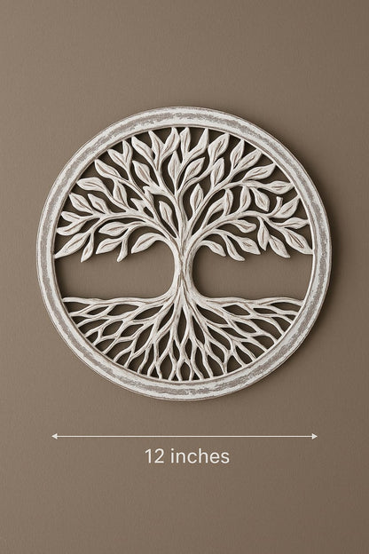 Wooden White Wash Tree of Life Wall Art Panel – 12 Inch Round Wood Carved Wall Hanging Sculpture | Indoor Outdoor Tree of Life Altar Panel Home & Office Wall Décor