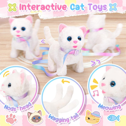 NINAOR Interactive Cat Toys for Kids with Crossbody Bags, Stuffed Cat Plush with Leash Walking Meow Pretend Play Kitty Robot Pet Toy, Electronic Realistic Cute Stuff for Girls Plushies Toddler Toys