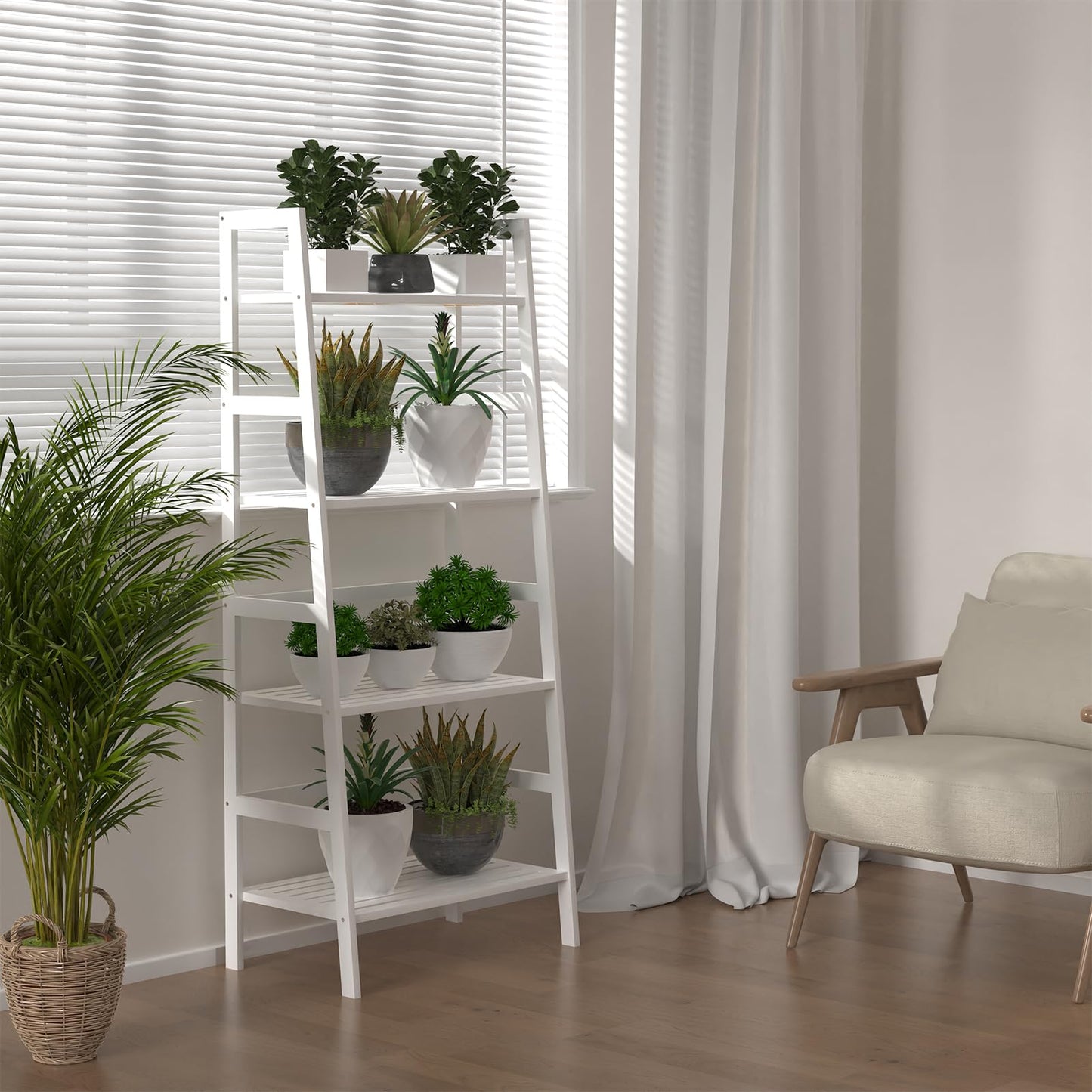 Thalomely Bamboo White Bookshelf, 4-Tier Ladder Shelf Freestanding Space Saver Open Bookcase Book Shelf, Bamboo Storage Shelving Unit Flower Plant Stand for Living Room, Bathroom, Home Office