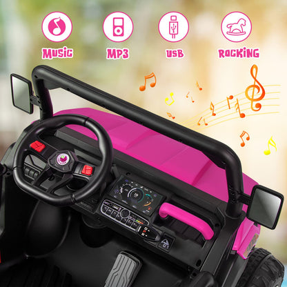 OLAKIDS 2 Seater Ride On Car, 12V Off-Road UTV Electric Vehicle with Remote Control, Dump Bed, Extra Shovel, Music, USB, AUX, Rocking Function, Kids Toddlers Battery Powered Truck (Rose)
