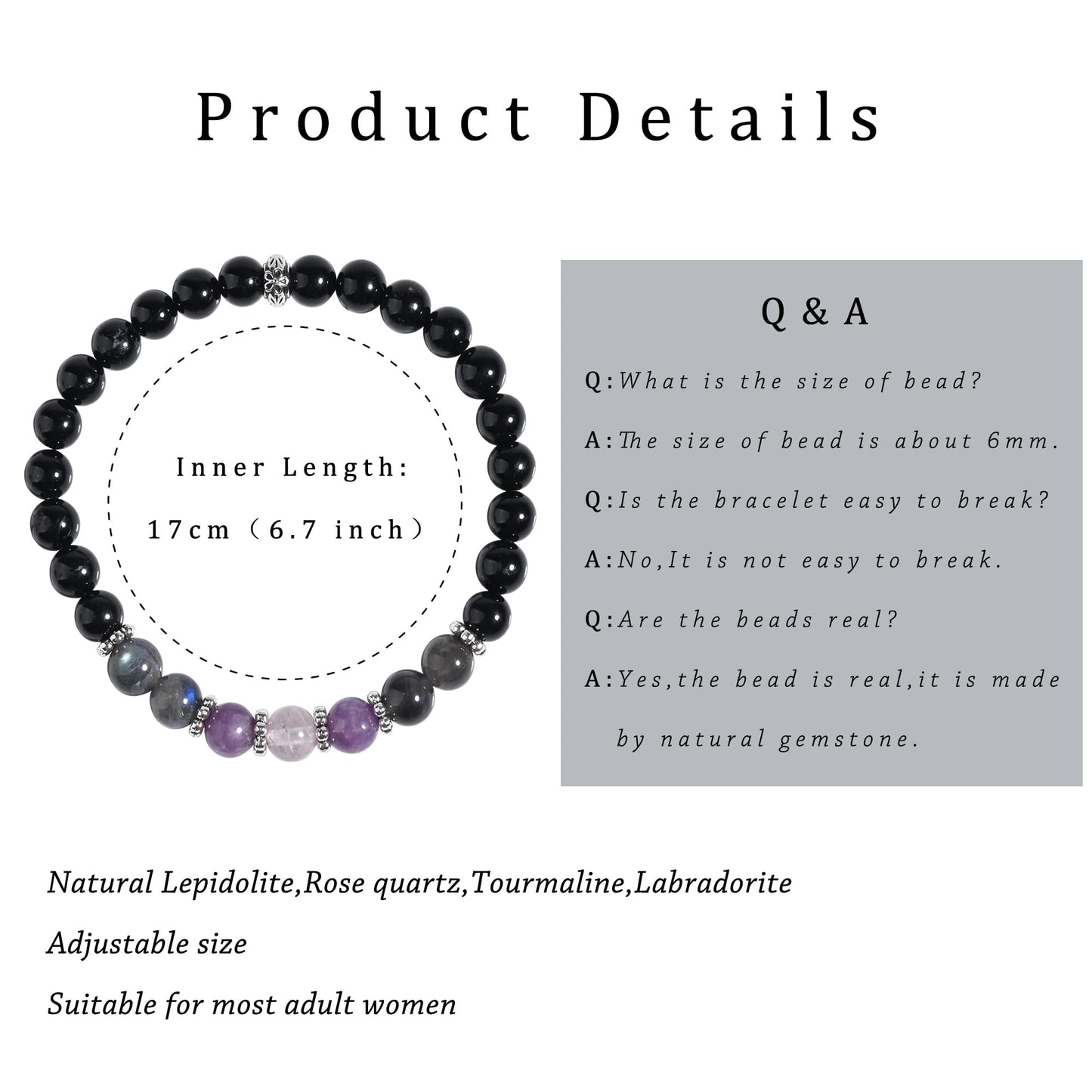 Gracayfr Anxiety Relief Bracelet Protection Black Tourmaline Labradorite Lepidolite Rose Quartz Healing Crystal Grief Support Gifts Items Jewelry Women Lepi Ros Labra