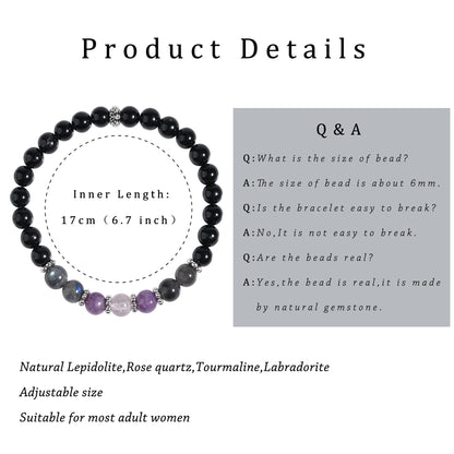 Gracayfr Anxiety Relief Bracelet Protection Black Tourmaline Labradorite Lepidolite Rose Quartz Healing Crystal Grief Support Gifts Items Jewelry Women Lepi Ros Labra
