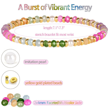 QOGIR Multicolor Beads - A Burst of Vibrant Energy - 14k Gold Plated Beads Natural Gemstone Stretch Elastic Dainty Healing Beaded Bracelets Gifts 2x4mm