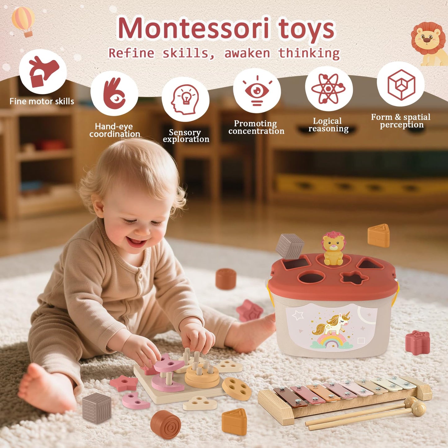 Montessori Toys for 6-12 Months, Baby Toys 6-12-18 Months with Montessori Baby Blocks Toy, Shape Sorting Baby Development Toys for 6+ Month Girls Boys Birthday Chiristmas Gifts