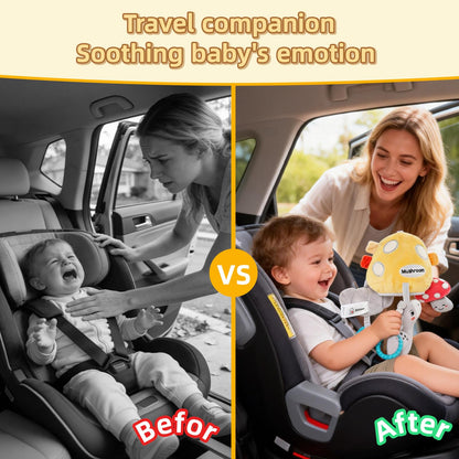 littlove Musical Baby Pull Vibration Toy for Car Seat 6-12 Months, Travel Sensory Toy 3 Months, Montessori Plush Toys for Roadtrip with Crinkle Textures Flutter Squeaky Mirror Newborn Infant Gift