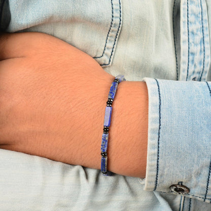 Casvia Men's Lapis Lazuli Chakra Protection Bracelet, Hematite Black Agate Beaded Bracelet, Stainless Steel Adjustable Mens Jewelry | Gift for Father Boyfriend Husband