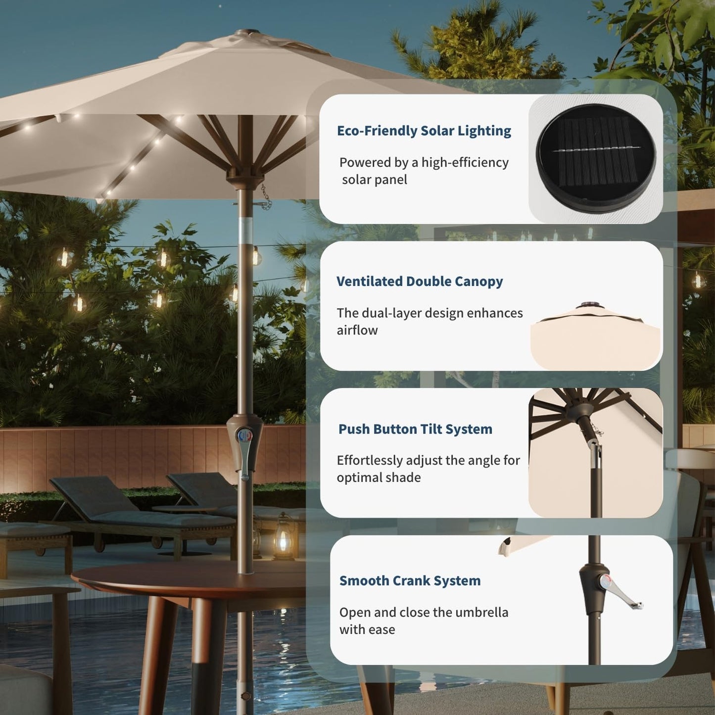 Patio Kingdom 10FT Solar Umbrella 32 LED Lighted Patio Umbrella Table Market Umbrella w/Tilt and Crank, UV-Resistant Outdoor Umbrella for Pool, Garden, Deck, Beige