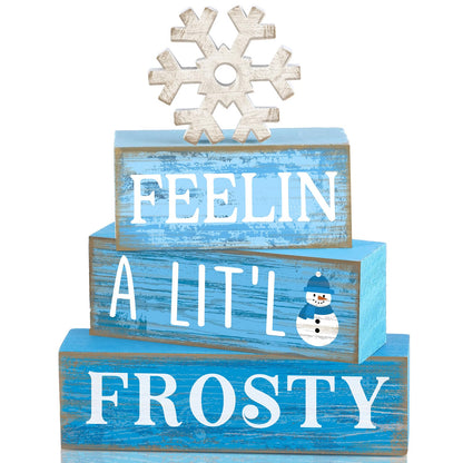 Yuntau 4 Pcs Winter Wooden Tabletop Decor Christmas Snowflake Tiered Tray Decor Rustic Wood Block Sign Gift Winter Centerpiece for Shelf Office Farmhouse Table Frozen Birthday Party Decoration