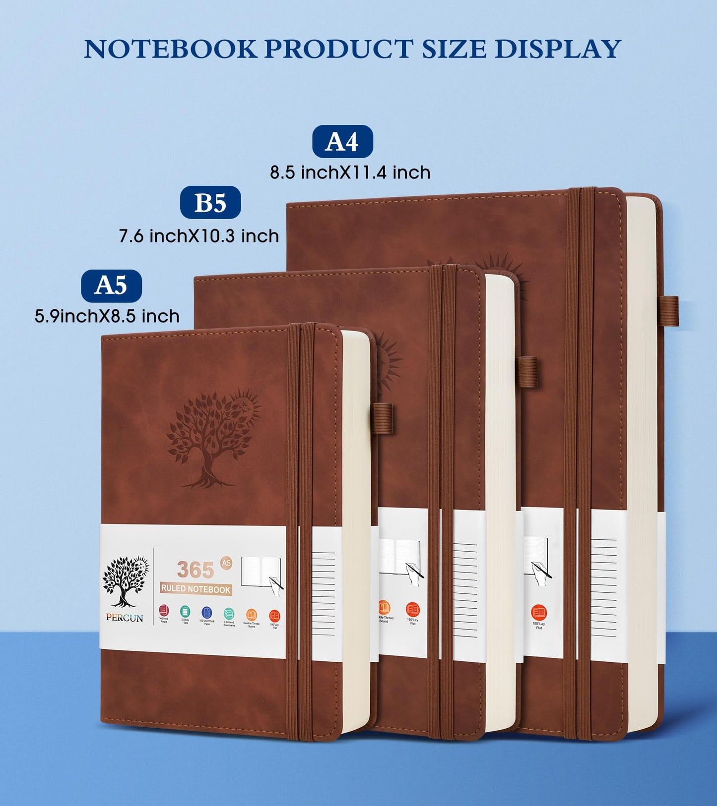 PERCUN B5 Lined Journal Notebook - 365 Page Large Leather Journals for Writing Women Men，Hardcover Notebook with 100Gsm Thick Pages，Daily Diary for Travel, Work，School，College Ruled (7.6" x 10.3")