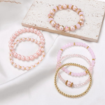 Raicegs 6PCS Beaded Bracelet 14K Gold Pearl Stretch Bracelet Stackable Crystal Beads Bracelets Boho Trendy Jewelry Gift for Women