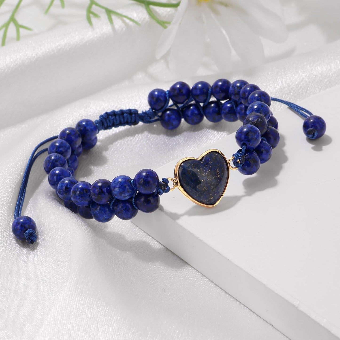 Natural Stone Bracelets for Women Crystal Beaded Bracelets Lapis Lazuli Heart Handmade Adjustable Bracelet Braided Healing Crystal for Women Men Mothers Day Christmas Graduation Gifts Jewelry