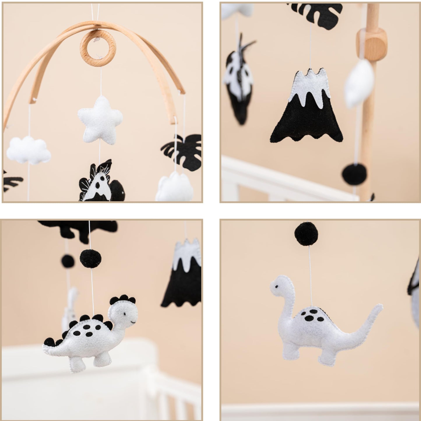 Dinosaur Crib Mobile – High-Contrast Black & White Nursery Decor for Newborn Baby Room, Handmade for Boy & Girl, Natural Wood & Fabric, Plastic-Free, Ready-to-Gift