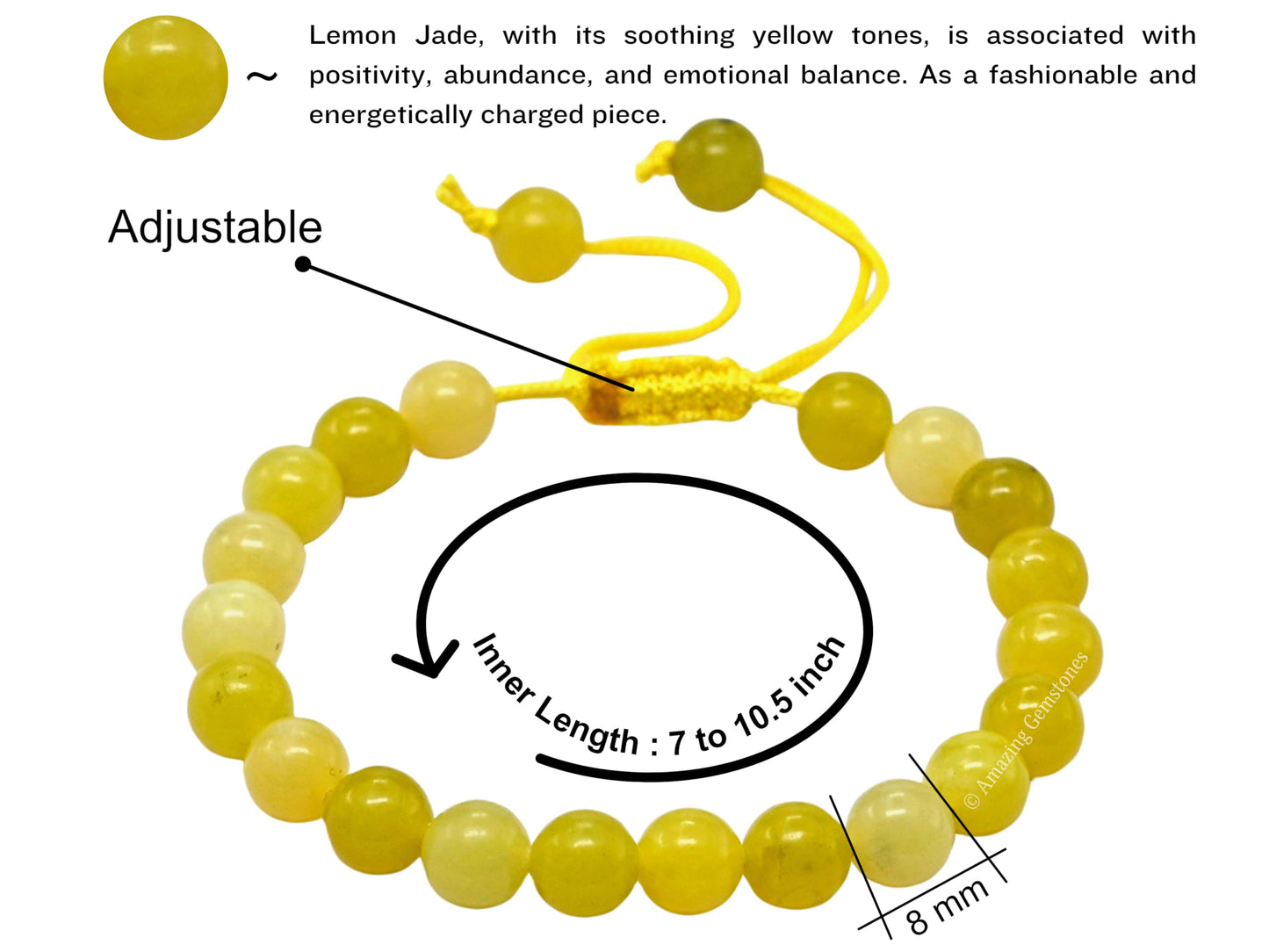 Amazing Gemstone Lemon Jade Bracelet for Women Men's Gifts - Protection Healing Crystal Bracelet - 8mm Gemstones Beaded Adjustable Bracelet Pulseras Para Hombres Mujer Stocking Stuffers