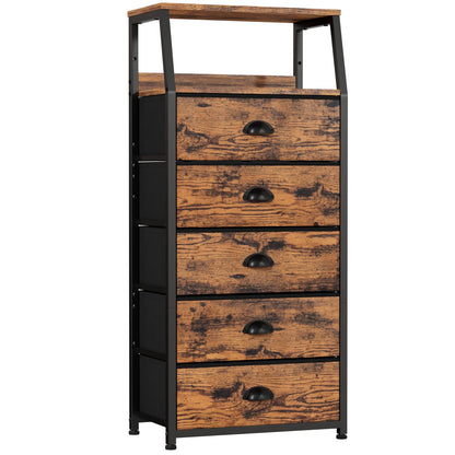 Furnulem Tall 5 Drawers Dresser, Vertical Storage Tower Fabric Dresser for Bedroom, Hallway, Entryway, Nursery, Closet Organizer, Nightstand Bedside Table Furniture, Sturdy Steel Frame, Wood Top