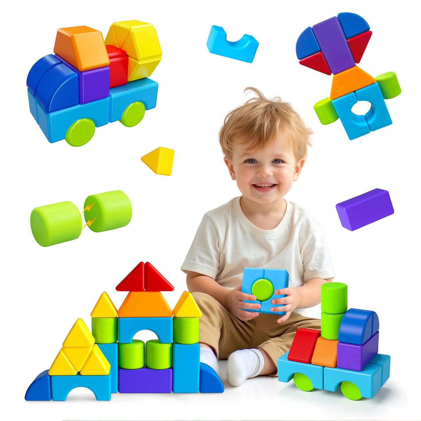 Pairez Toys Multi-Shape Magnetic Blocks, Large Stacking & Building Blocks Set, Preschool Educational Sensory Magnet Toys for Kids Ages 3-5 Year Old Boys & Girls Toddlers(20pcs)