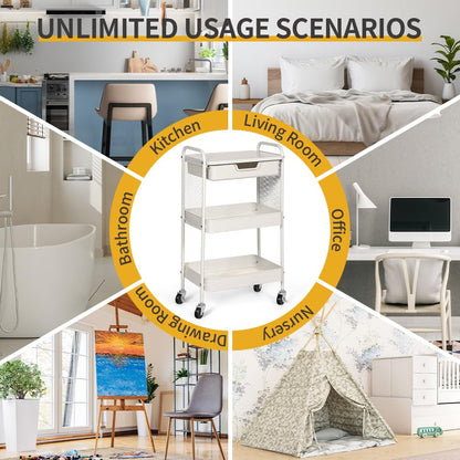 CRUDATE 3-Tier Rolling Cart with Drawer, Metal Utility Storage Cart Organizer with Lockable Wheels&Hanging Cups&Hooks, Mobile Storage Craft Carts Trolley with Mesh Shelves for Kitchen, Office-White