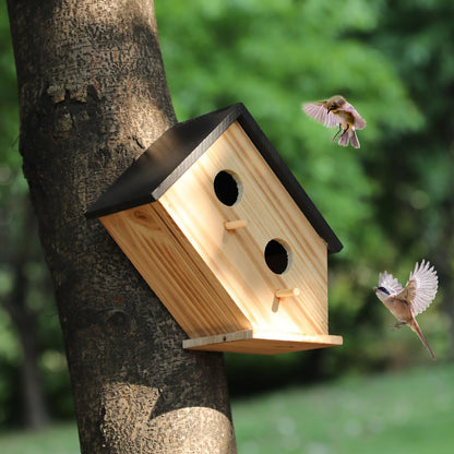 Bird House for Outside, Wooden Birdhouse for Outdoors Hanging - 2 Hole Wren House for Bluebirds Cardinals, Small Garden Bird House with Metal Hook