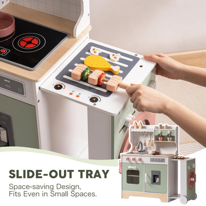 ROBUD Wooden Play Kitchen Set for Kids Toddlers, Pretend Kitchen Playset with BBQ Grill, Ice Maker, Coffee Machine, and Accessories, Toy Kitchen Gift with Lights & Sounds for Girls & Boys, Age 3+