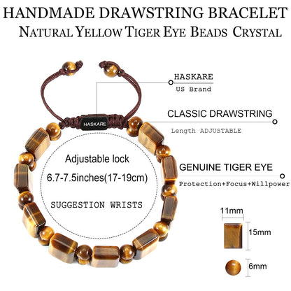 Mens Tiger Eye Protection Bracelet - HASKARE Real Crystals Tiger Eye Beads Bracelet Handcrafted Brown Stone Gifts for Him, Durable Drawstring Mens Jewelry Bracelets Stuffers for Men Fathers Day Christmas