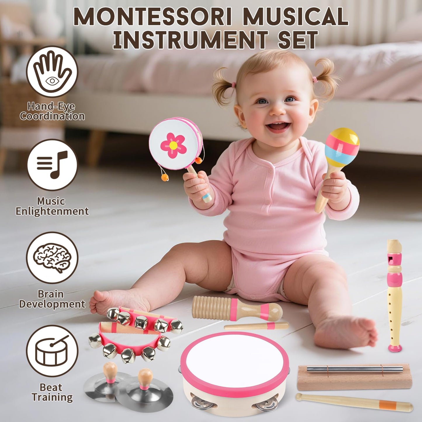 Toddlers Musical Instruments for 1 2 3 Year Old Girl,Baby Montessori Wooden Musical Toys for Toddlers1-3 Year Old,Kids Musical Toy for Preschool,Christmas Birthday Gift for Baby Girls (Pink 8 in 1)