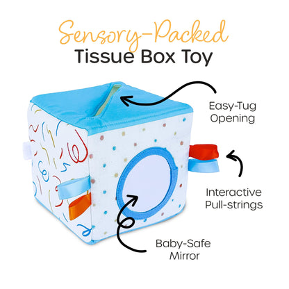 Quiggly Soft Fabric Tissue Box Toy for Babies- Montessori Sensory Development Toy for 6-12 Month Olds - 100% Cotton, Crinkle Tissues, Ribbon Details, Safety Mirror- Ideal for Infant Gross Motor Skills