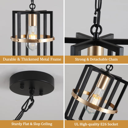 QMNHAU Black and Gold Chandelier Modern Pendant Light Fixtures Adjustable Farmhouse Pendant Lights Kitchen Island Hanging Light Fixture for Entryway Hallway Foyer Dining Room