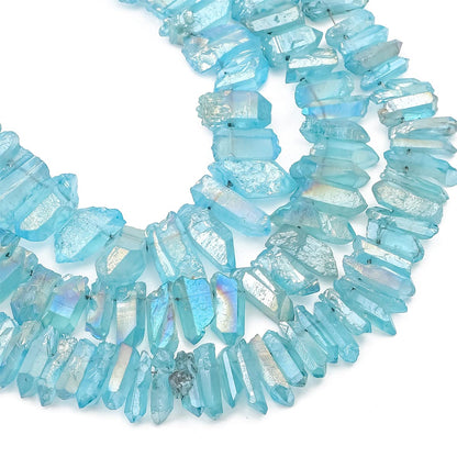 BEADIA Light Blue Titanium Coated Crystal Quartz Spike Point Stick Beads Rough 1.0"-1.5" for Jewelry Making 15 Inch/Strand