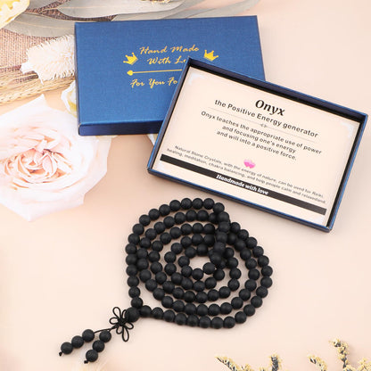 AD Beads 8mm 108 Prayer Mala Matte Onyx Elastic Bracelet - Peace and Tranquility - Handmade Yoga Meditation Healing Power Energy Gifts for Unisex Adult.