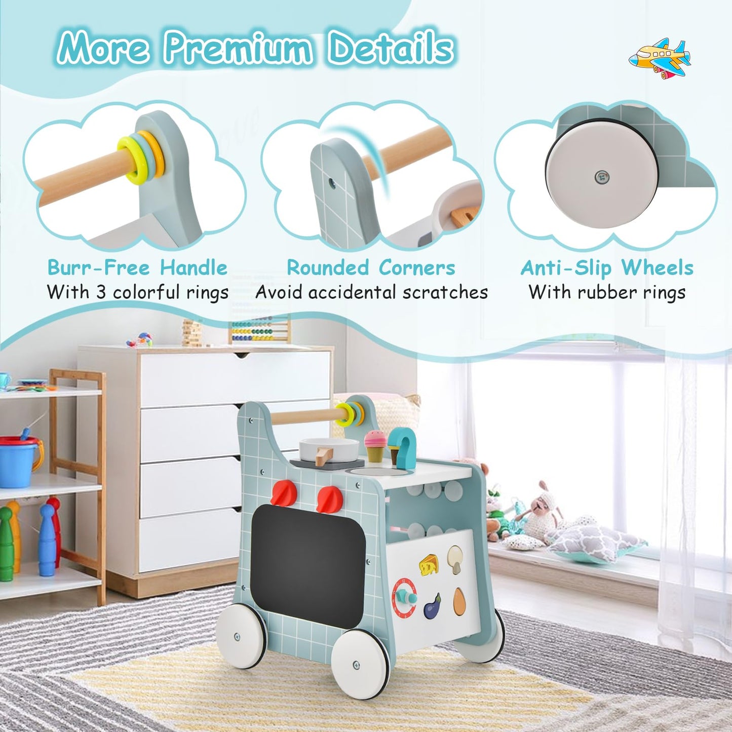 BABY JOY 6 in 1 Wooden Baby Walker, Toddler Pretend Play Kitchen Playset, Push and Pull Sit-to-Stand Learning Walker Activity Center, Montessori Educational Toy, Push Walker for Boys Girls