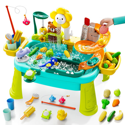 4-in-1 Kids Play Sink with Running Water, Mini Water Table with Detachable Legs, Upgraded Faucet and Dishes, Children Electric Dishwasher Toy, Kitchen Sensory Set (Blue)