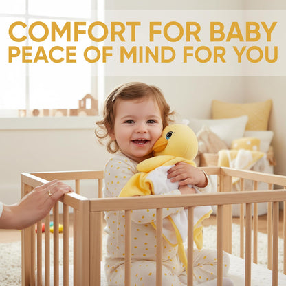 Love By Emi 4 in 1 Baby Lullaby Sleep Soother Toy - Stuffed Animal Sound Machine & Pacifier Holder | Heartbeat White Noise & Music | Plush Yellow Duck Lovey Sleep Aid Security Blanket (0-3 Years)