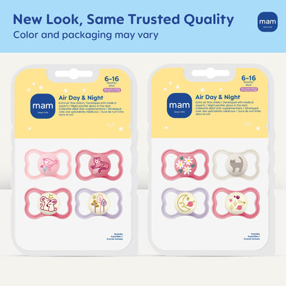 MAM Air Pacifier for Babies 6-16 Months, Extra Air Flow for Sensitive Skin, Glows in The Dark, Developed with Medical Experts, BPA-Free Skin Soft Silicone, 4 Count, Made in Europe