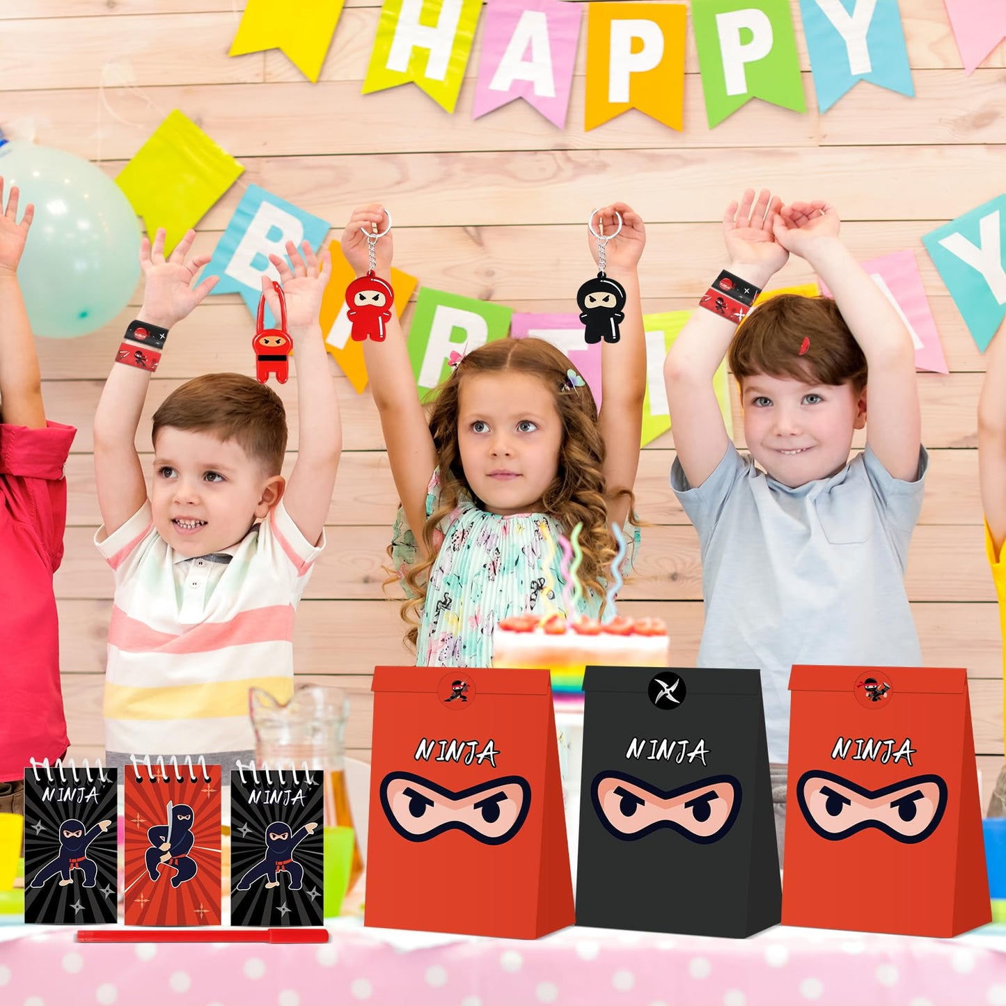 84pcs Karate Party Favor Set Red Black Karate Paper Bag Notepad Pen Slap Bracelets Key Chain TPR Stretchy Flying Toys Stickers Party Supplies for Boys Girls Birthday Classroom Activities Decorations