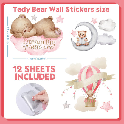 Yinder Pink Bear Wall Decals (12 Sheets, 78 Pcs) - Highland Cow, Clouds, Balloon Decor for Kids Nursery Room, Bedroom, Living Room, Classroom Decor
