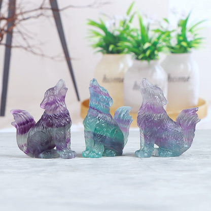 LEADGEM 2" Crystal Wolf Statue Decor Rainbow Fluorite Crystal Big Tail Wolf Figurine Healing Stones Statue Carved Wolve Sculpture Ornaments Wolves Figure with Gift Box