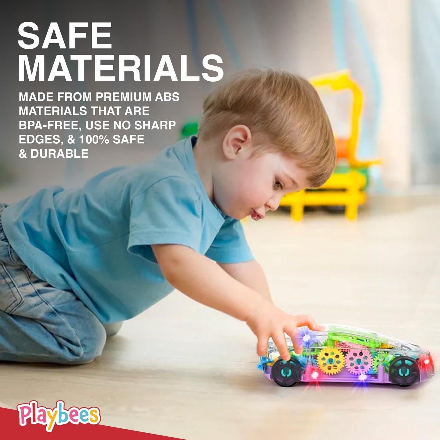 Playbees Light-Up Transparent Car Toy, Toys for Autistic Kids Ages 3-5 Sensory Toy for Kids with Autism Special Needs Toys, Bump and Go Toys for Toddlers Music and LED Effects Great Gift Idea