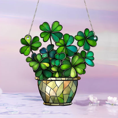 1PC Shamrock in Pot Acrylic Suncatcher Hanging, 7.08 inch Window Decor with Printed Stained Glass Style Design, Rainbow Maker Wall Art, Gift Idea & Garden Ornament Indoor Outdoor Use/ZW-02
