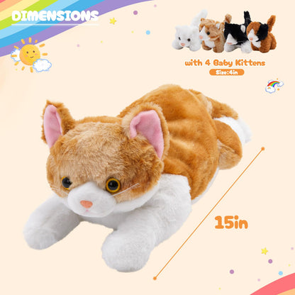 WEWILL 15'' Cat with Kittens Stuffed Animals, Mommy Plush Toy with 4 Baby Kittens, Cute Surprise for Imaginative Play, Cozy Magical Plushie for Girls, for Kids and Cat Lovers