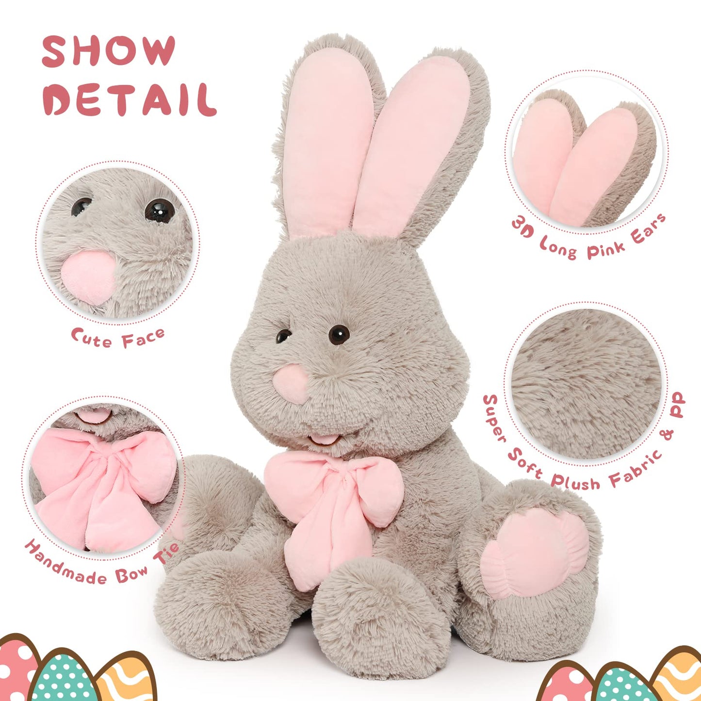 MorisMos Giant Bunny Stuffed Animal, 31.5'' Large Grey Rabbit Plush Toy with Pink Ears, Soft Toy for Girls/Boys, Ideal Gift for Easter, Halloween, Christmas, Cuddling, Snuggling