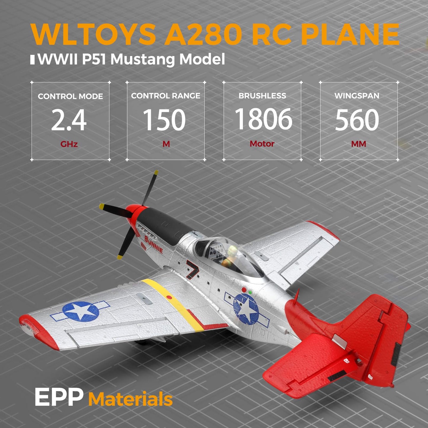 CKYSCHN WLtoys XK A280 RC Airplane, P51 Mustang 4 Channel RC Plane with Lights, 6G/3D Brushless RC Planes, 2.4G Remote Control Airplane, Hobby RC Planes Gifts for Adults