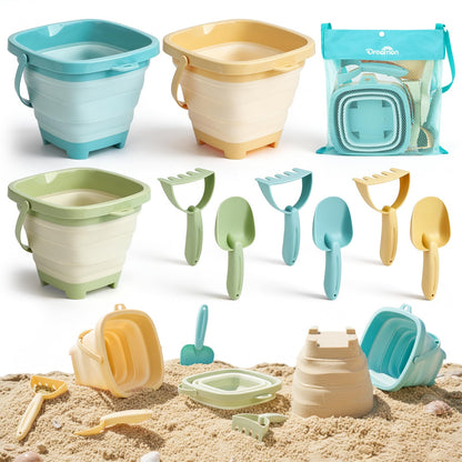 Dreamon Beach Toys, 3 Pack Collapsible Sand Buckets for Kids, Shovels & Rakes Set with Mesh Bag, Kids Beach Essentials Sandcastle Building Kit for Beach Trip Outdoor Play and Summer Fun