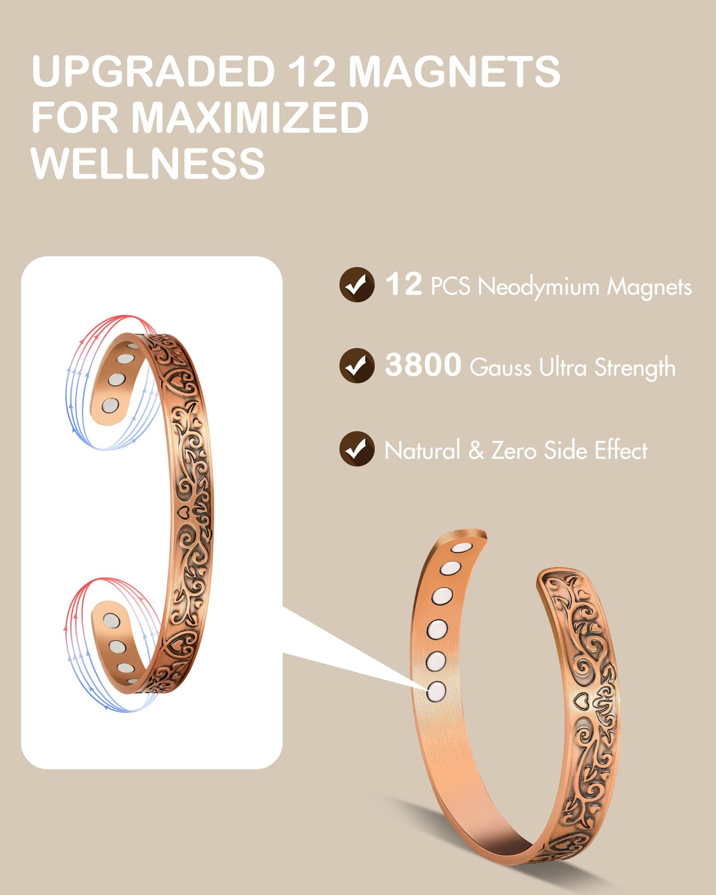 Feraco Copper Bracelets for Women Enhanced Strength Magnetic Bracelets for Women with 3800 Gauss Magnets, Pure Copper Jewelry Adjustable Cuff Bangle with Giftable Box (Original Design)