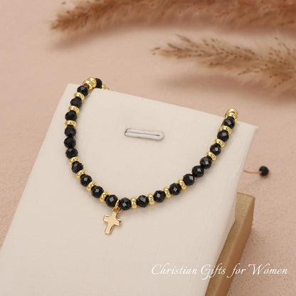 Raicegs Braided Black Tourmaline Cross Crystal Bracelet Natural Stone Beaded Bracelet for Women Faith Jewelry Healing Bracelet Christian Gifts for Women Religious Gifts