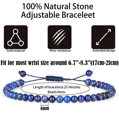 QOGIR Handmade Healing Bracelets for Women,4mm Natural Lapis Lazuli Gem Stone Beads Bracelet,for Men Women Gifts with 2PCS Size Adjustable Rope Bracelets