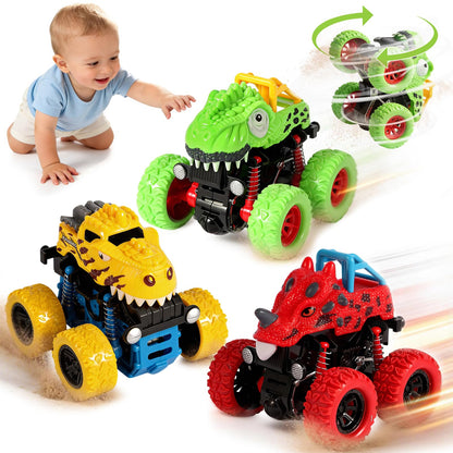 TGXLAK Dinosaur Toys for 2 3 4 5 Year Old Boys - 3 Pack Monster Truck Toys with Friction Power 360° Rotating Push and Go Cars for Toddlers Ages 2-4-6 - Boys Girls Birthday Gifts for Kids 3-5