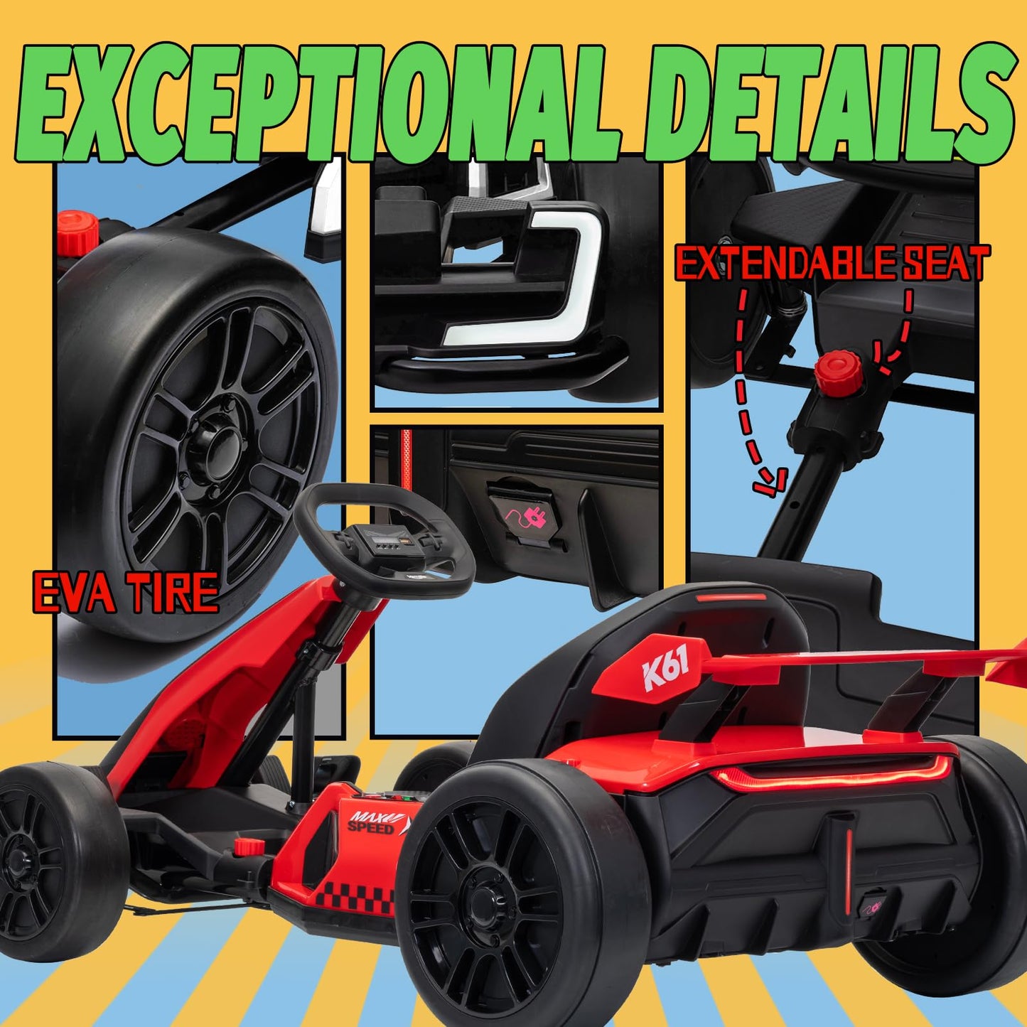 KerryYoo K61 Go Kart Electric Drift Kart with Length Adjustable Seat, 24V Outdoor Ride on Toy with 4 Speed Mode, Crazy Kart for Kids 6-12 Years Old, Fast 300W Motor, 8.5 MPH, Bluetooth - Red