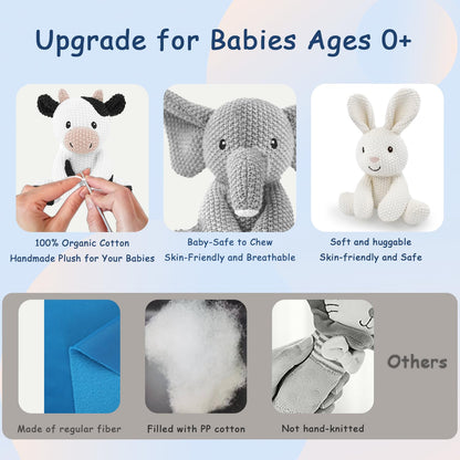 okegztoa 3Pcs Kids Stuffed Animals Toys 7-8" Knitted Crochet Bunny Plush Cute Elephant Cuddly Cow Cotton Animal Plush Toy Set Gift for Girls Boys and Babies, Christmas, Easter