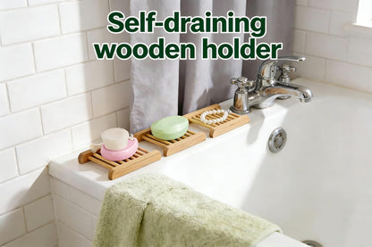 2-Pack Bamboo Soap Tray Set - Self-Draining Wooden Soap Holder for Bathroom, Shower & Kitchen